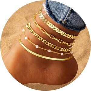 Gold Ankle Bracelets for Women, 14k Gold Plated Waterproof Cuban Pearl Snake Cha